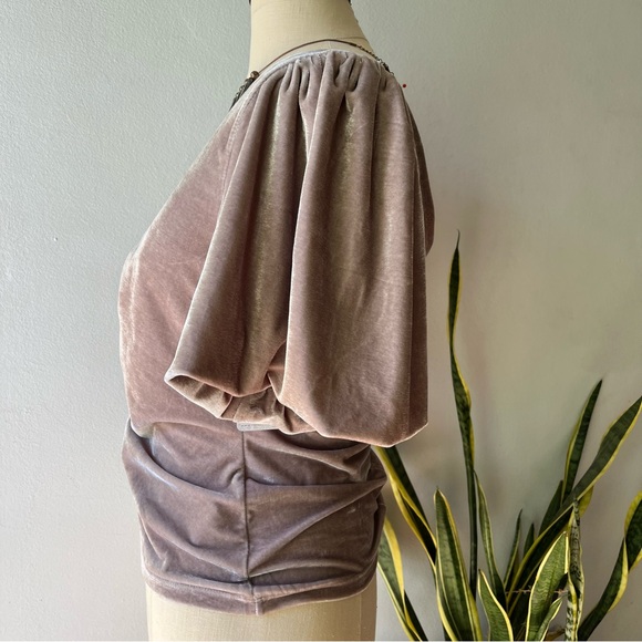 Free People•Cupcake top•Velvet Ruched Puff Sleeve V-Neck•sz L - Picture 4 of 14